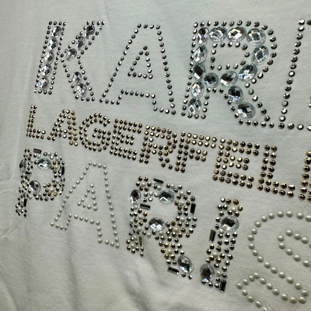Karl Lagerfeld Paris White T-Shirt Women's Size XL Rhinestone Bling - Picture 5 of 12